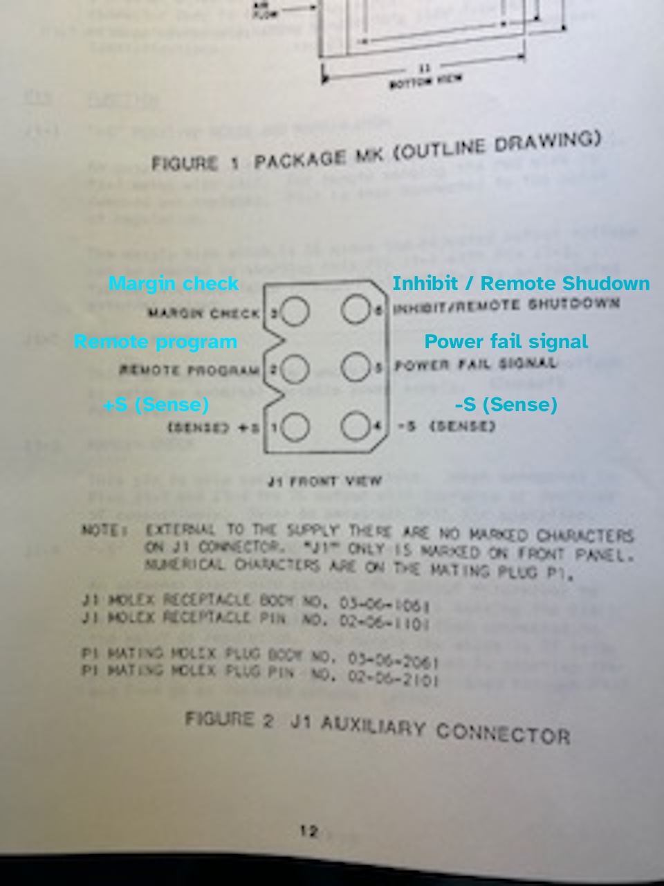 The pinout of the J1 connector on the NJE MK750/MK1500 high current power supply