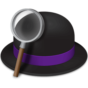 Alfred app logo, a black bowler hat with a purple band and a magnifying glass