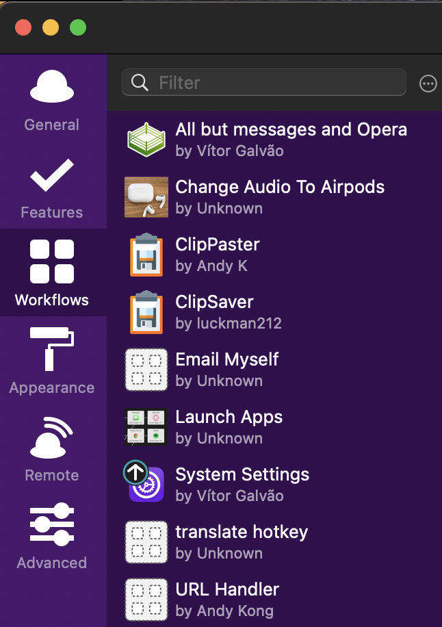 Alfred preferences Workflows tab listing the nine installed workflows covered in this post