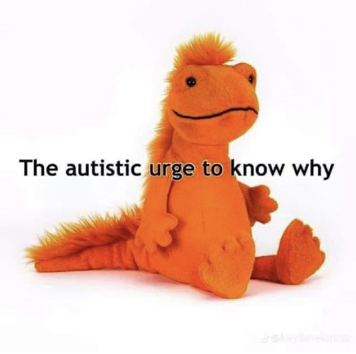 Meme of an orange plush lizard captioned The autistic urge to know why