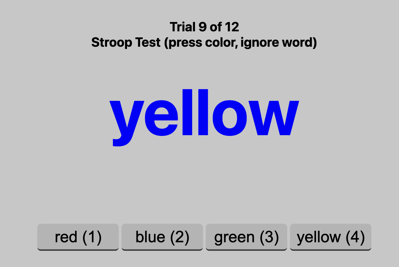 Strooper trial showing the word yellow printed in blue above four color answer buttons