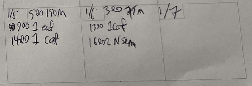 Handwritten calendar notebook entries logging dose times of caffeine and supplements