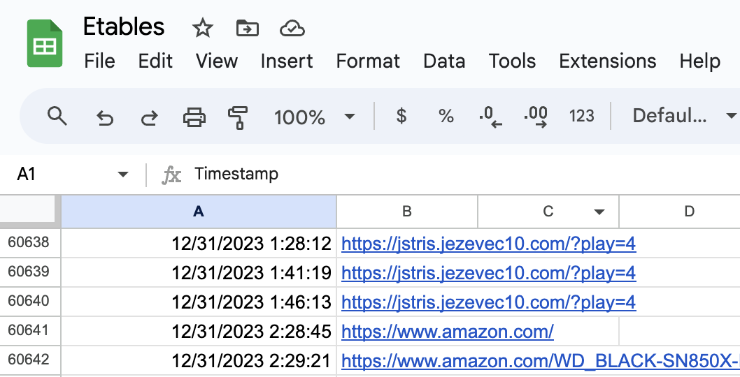 Google Sheet of browser history rows pairing timestamps with visited URLs