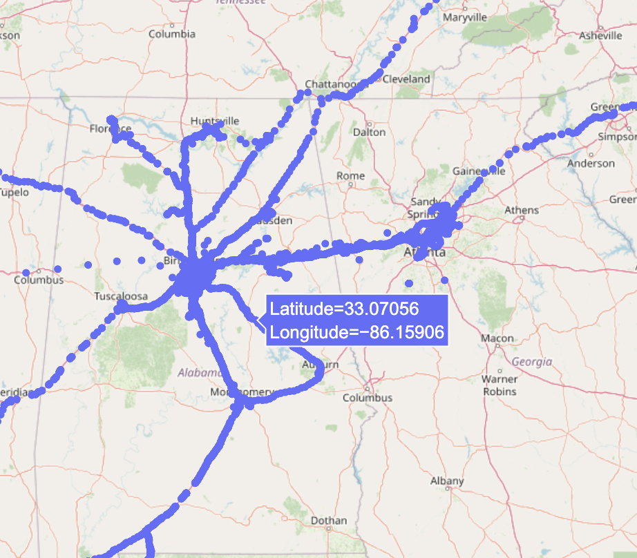 Map of the southeastern US covered in blue GPS dots tracing highways, with a latitude-longitude tooltip