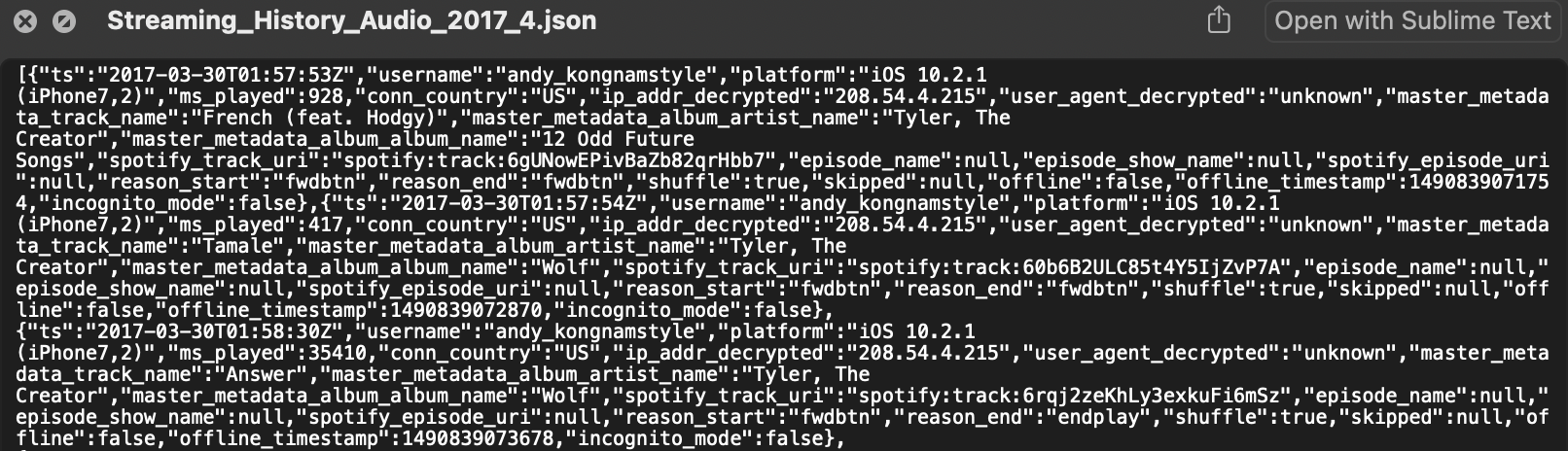 Raw Spotify streaming history JSON with track names, timestamps, and milliseconds played