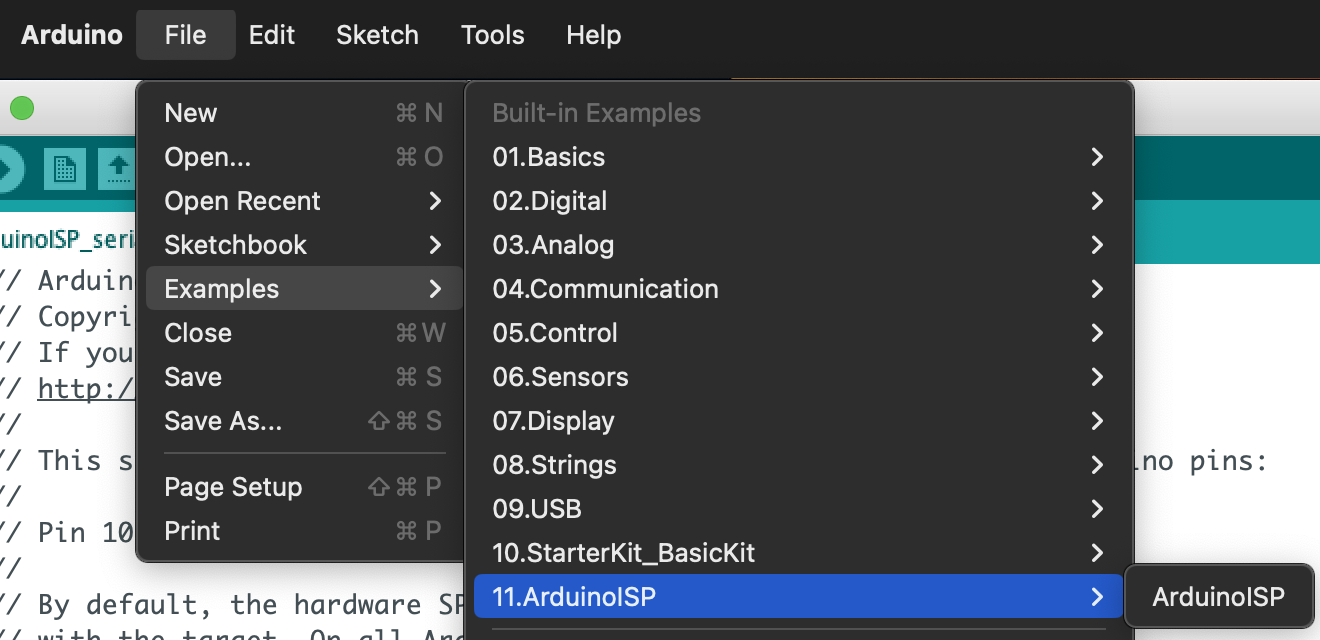 Arduino IDE File menu open to Examples with 11.ArduinoISP highlighted