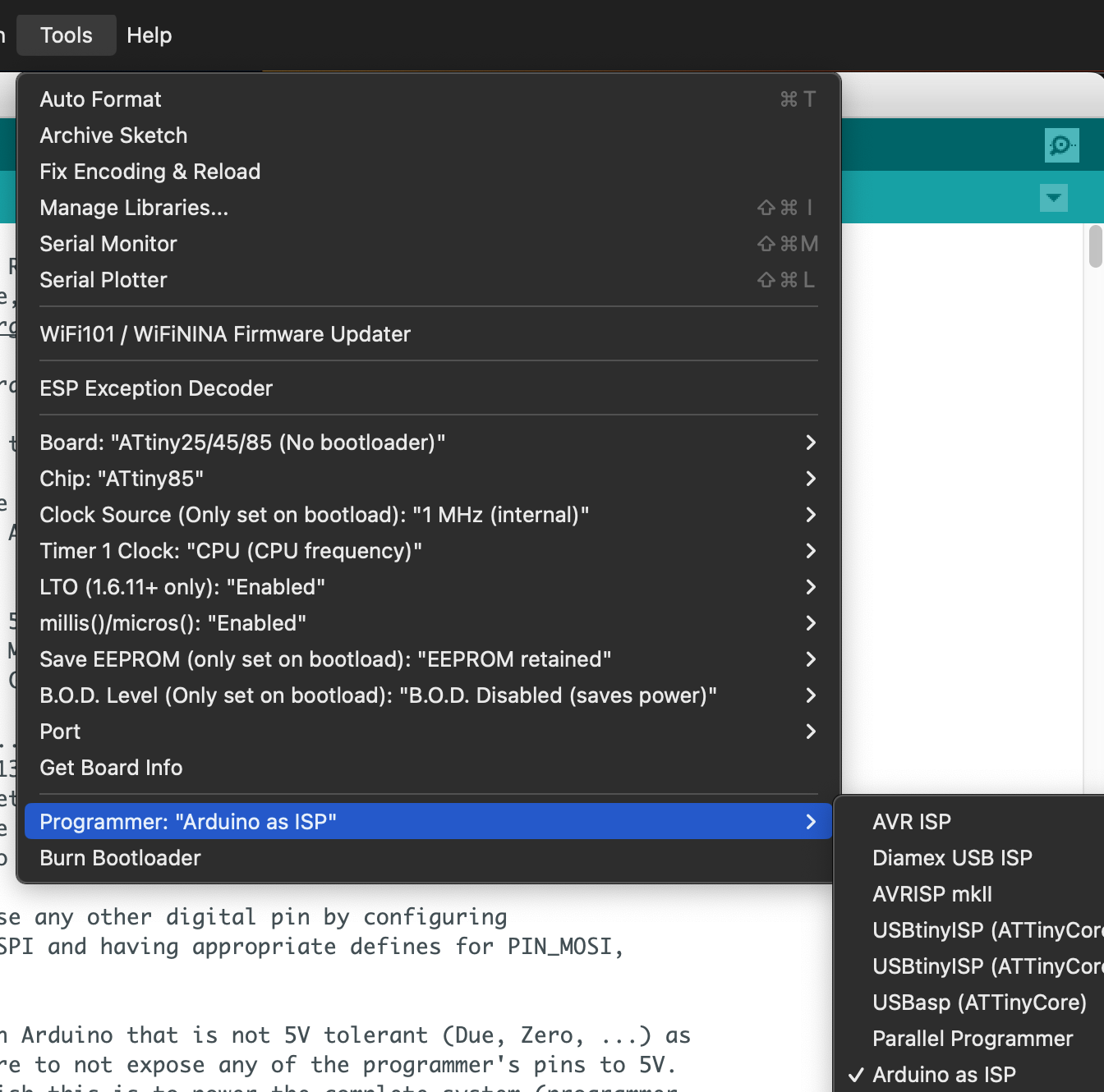 Arduino IDE Tools menu showing ATtiny85 board settings and Programmer set to Arduino as ISP