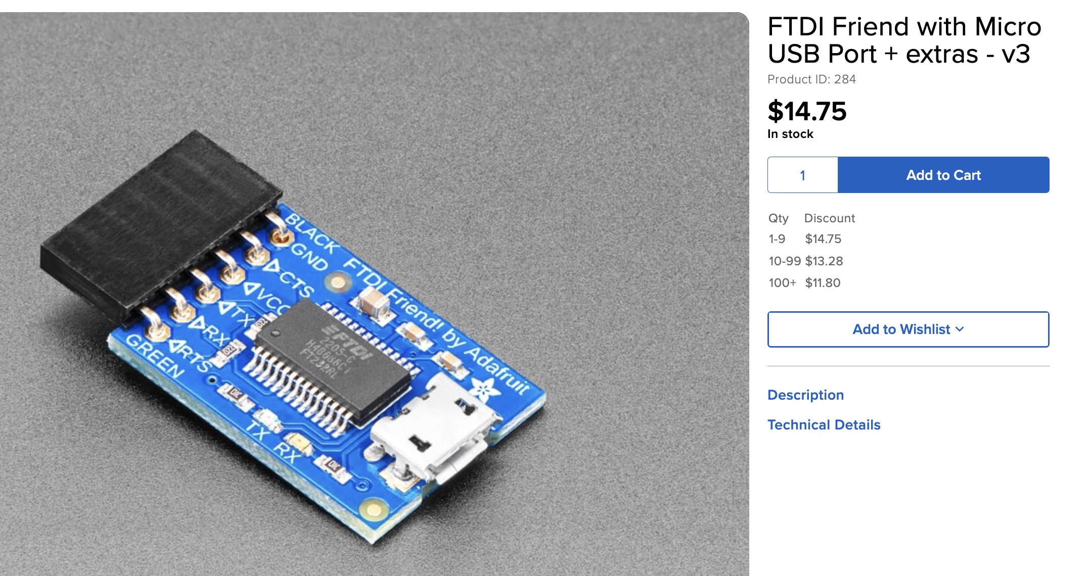 Adafruit FTDI Friend USB-to-serial adapter product listing
