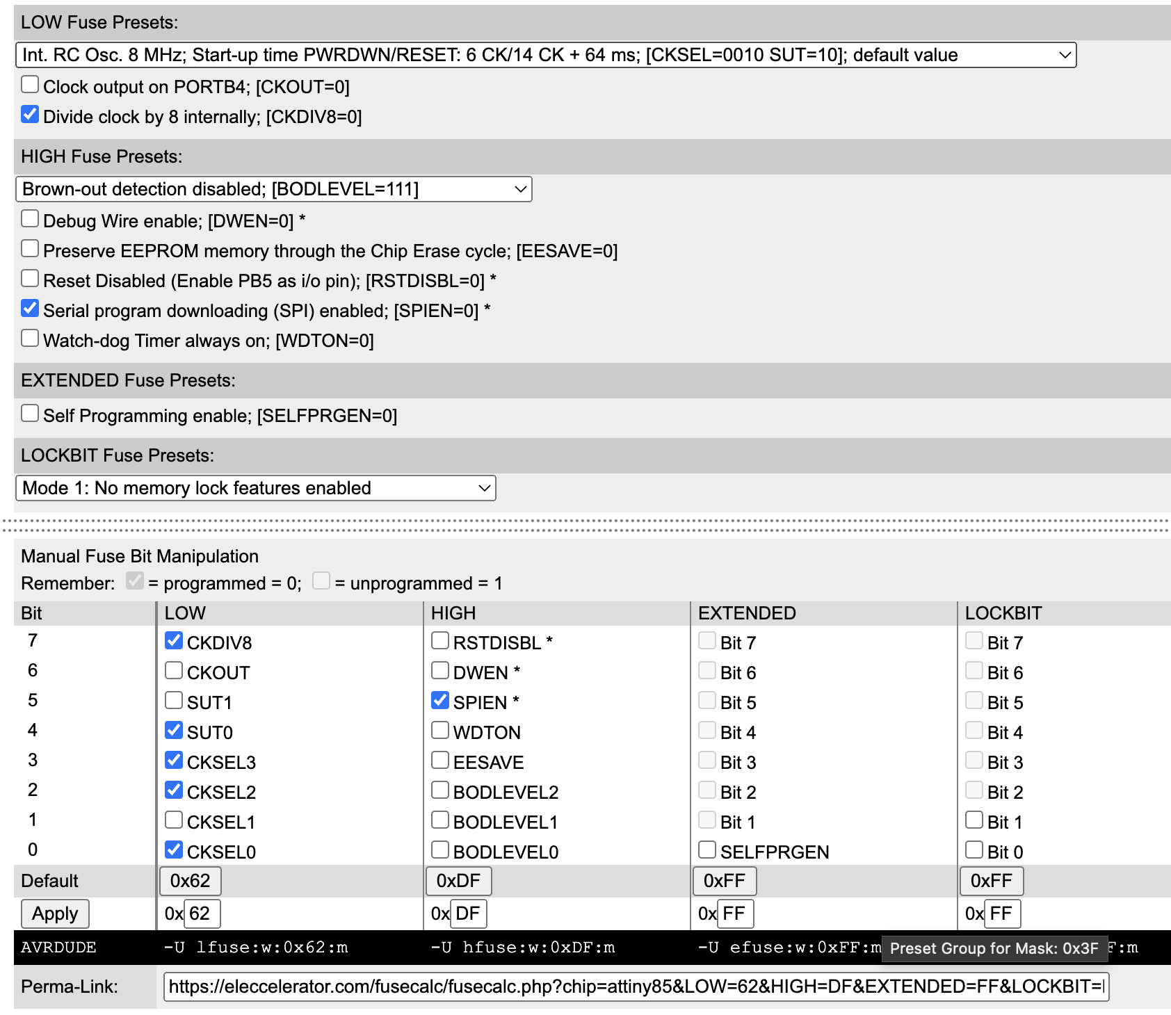 Online AVR fuse calculator with preset dropdowns and per-bit checkboxes generating the fuse byte values