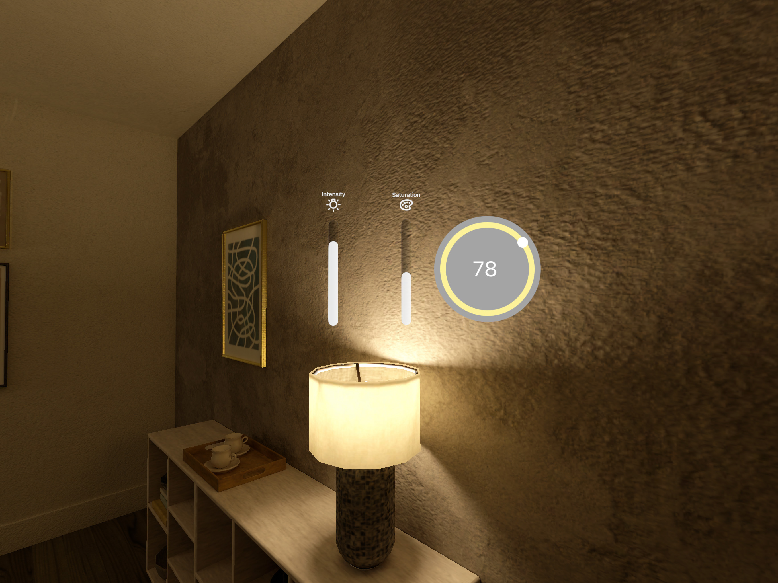 AR light control interface with intensity and saturation sliders and a dial reading 78, floating beside a lamp