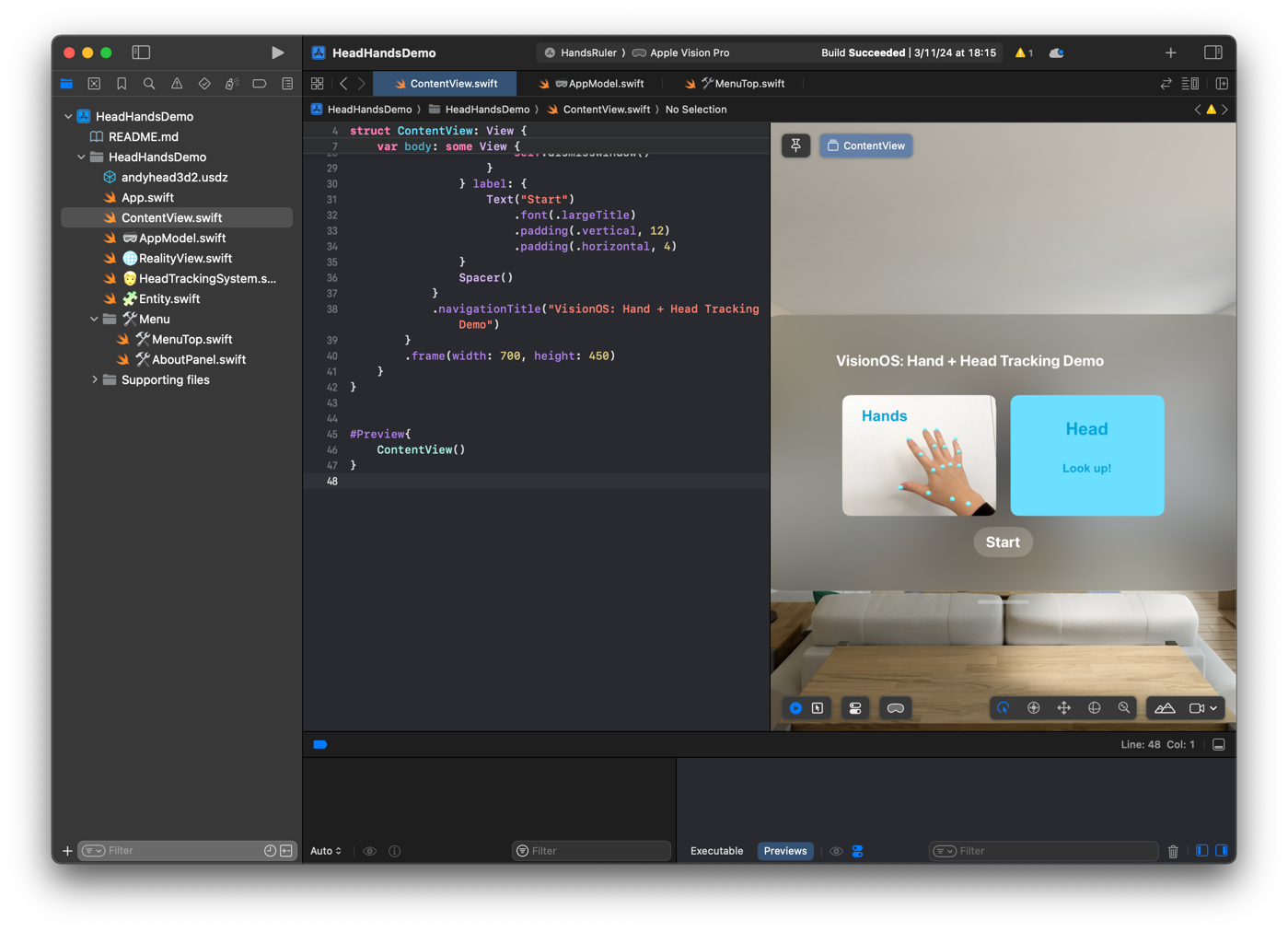 Xcode with the HeadHandsDemo project open and the embedded Vision Pro simulator previewing the tracking demo app