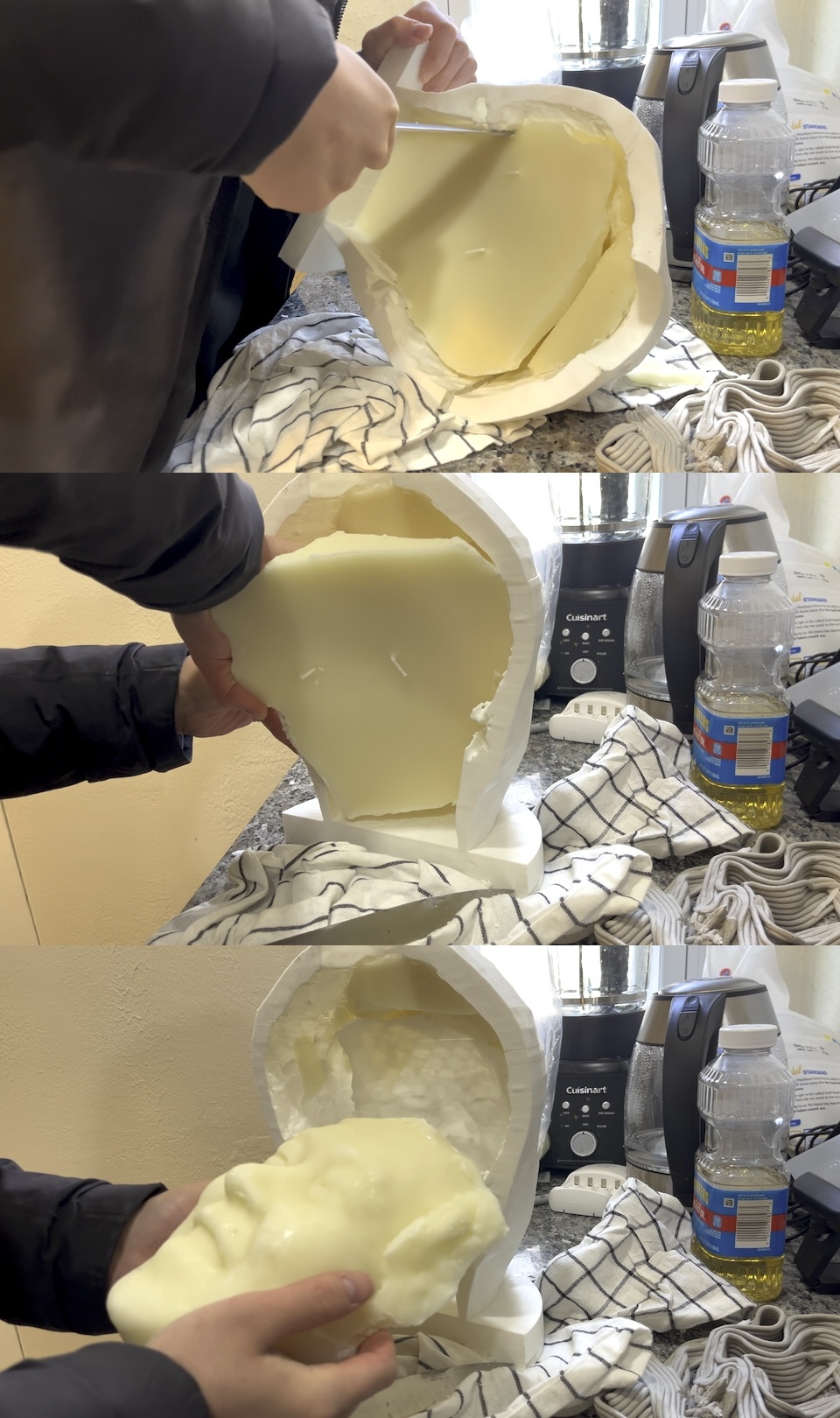 Three-step sequence of cutting open a plaster mold and pulling out a head-shaped wax candle