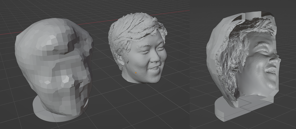 Blender views of the pixelized outer shell, the smiling head scan, and a cutaway half of the negative mold