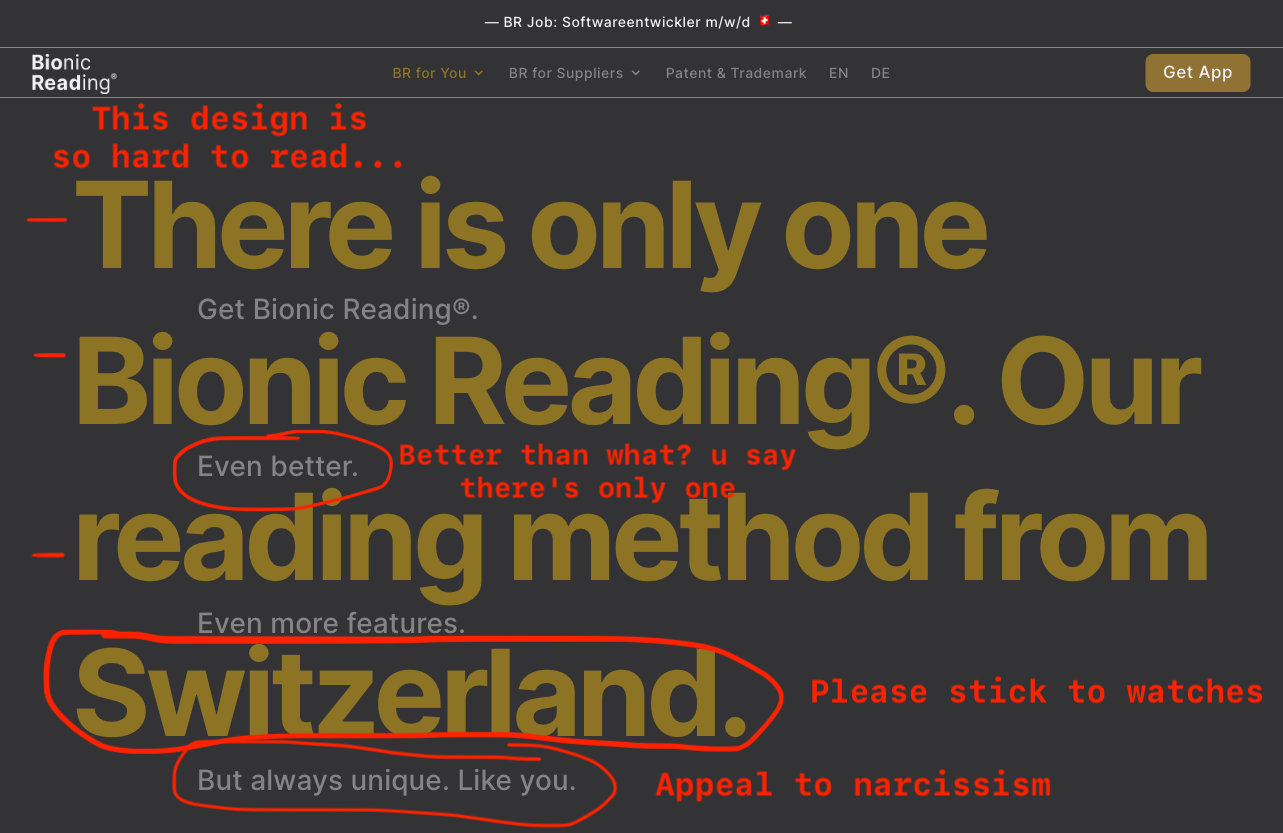Bionic Reading homepage with giant overlapping mustard text, annotated in red mocking how hard it is to read