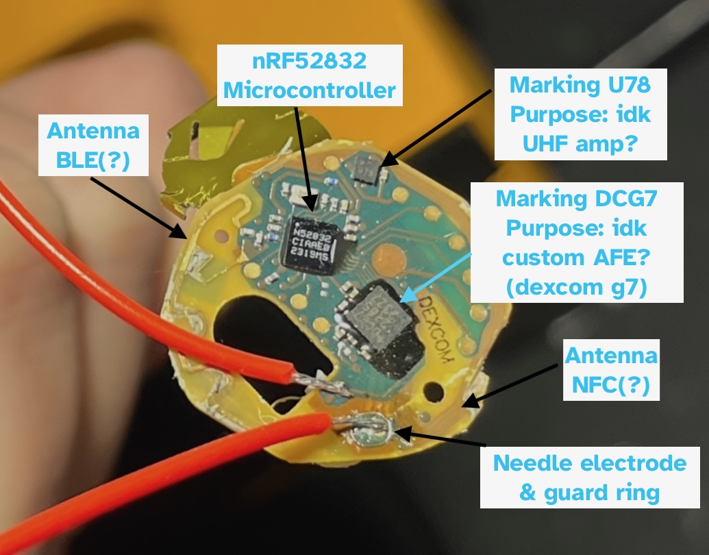 Top of the Stelo board annotated: nRF52832 microcontroller, mystery chips U78 and DCG7, BLE and NFC antennas, needle electrode