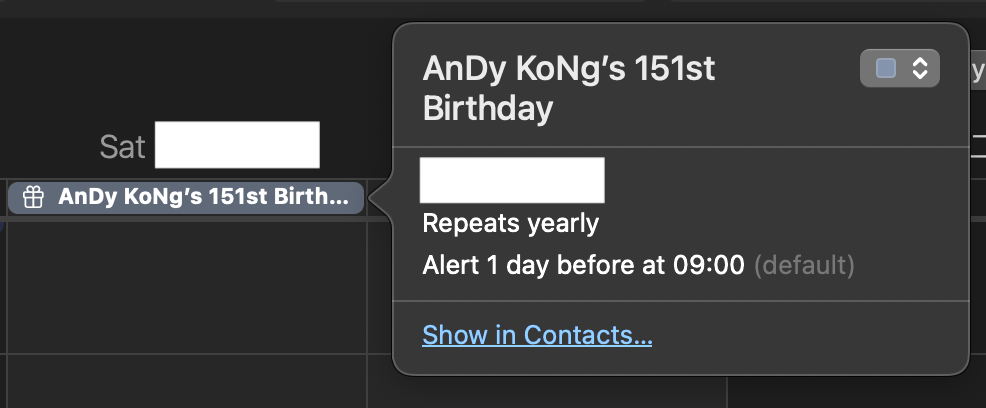 Calendar popup for Andy Kong's 151st Birthday, repeating yearly with an alert one day before