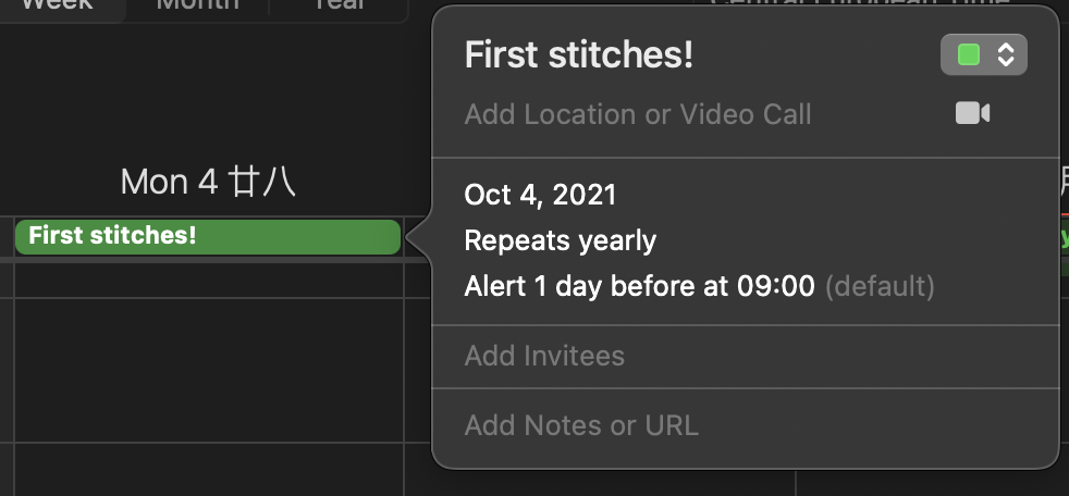 Calendar event titled First stitches! on Oct 4, 2021, set to repeat yearly