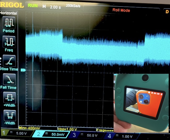 Oscilloscope trace stepping up to roughly 95mA as the toy camera shows a live viewfinder image