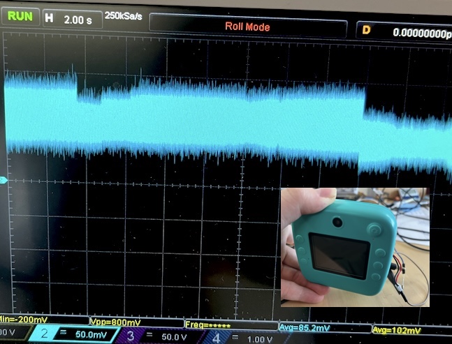 Oscilloscope trace near 80mA with the toy camera display turned off but the device still running