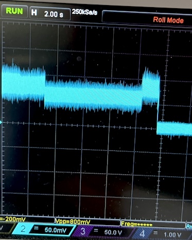 Oscilloscope trace during shutdown: current rises for the off jingle then drops to zero once the camera powers down