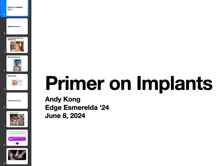 Title slide of the Primer on Implants talk given by Andy Kong at Edge Esmerelda, June 2024