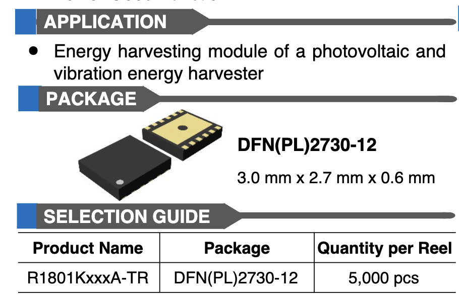 Datasheet excerpt for the Nisshinbo R1801K energy harvesting chip in a 3.0 by 2.7 mm DFN package