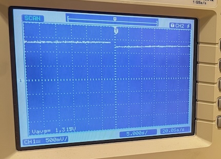 Oscilloscope screen showing the storage capacitor voltage flatlining at an average of 1.31 V
