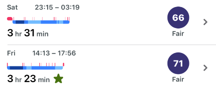 Fitbit app sleep log showing two short sessions with incorrect dates and times after the clock drifted