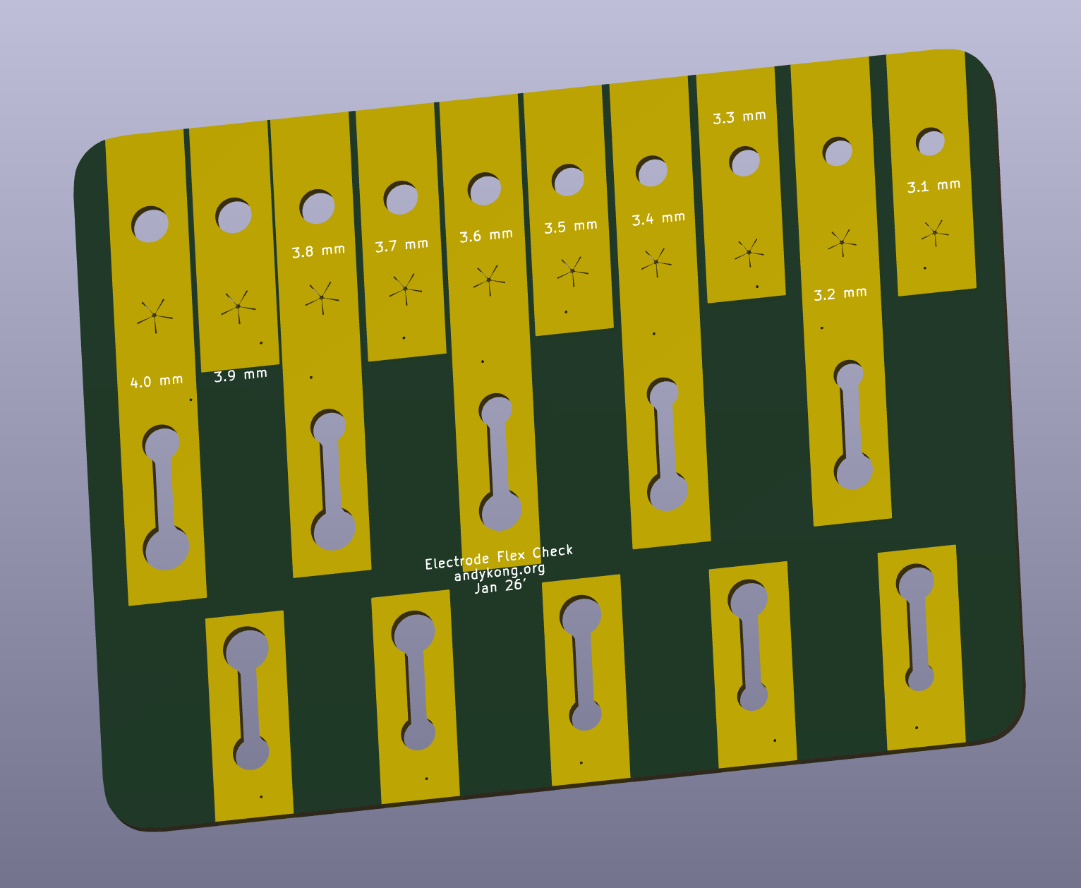 PCB render of the Electrode Flex Check board: gold strips with simple, star, and keyhole holes sized 3.1 to 4.0 mm