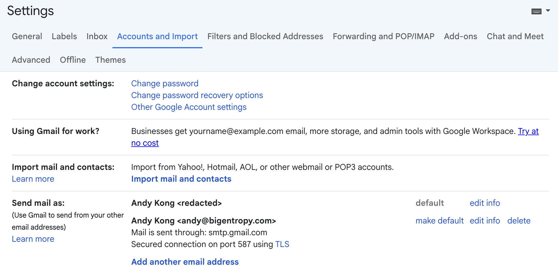 Gmail Settings on the Accounts and Import tab, with the Add another email address link under Send mail as