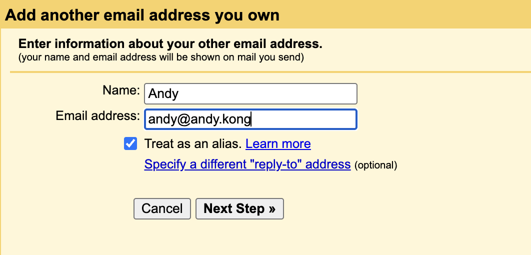 Gmail popup for adding another email address you own, with name and custom domain email filled in