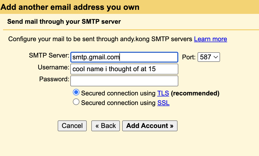 SMTP server form filled with smtp.gmail.com, port 587, and a Gmail username, password still blank