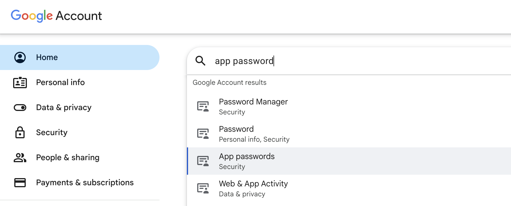 Google Account search for app password, with App passwords appearing under the Security results