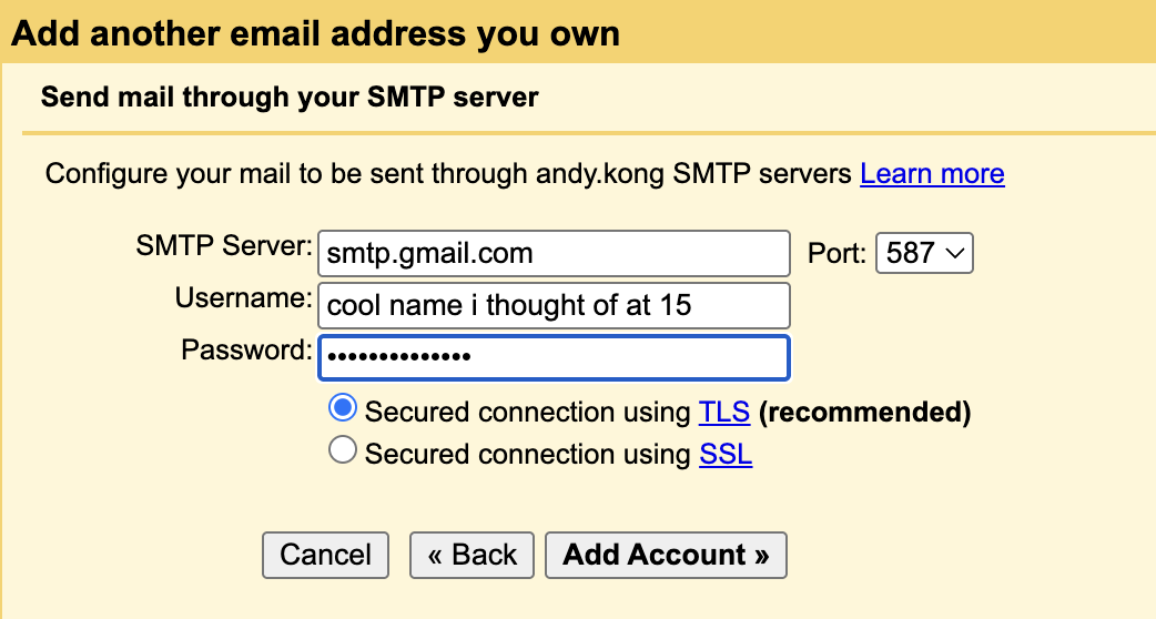 Completed SMTP form with the app password pasted in, ready to hit the Add Account button