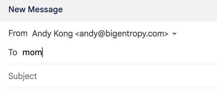 Gmail compose window with the From field set to the new custom domain address