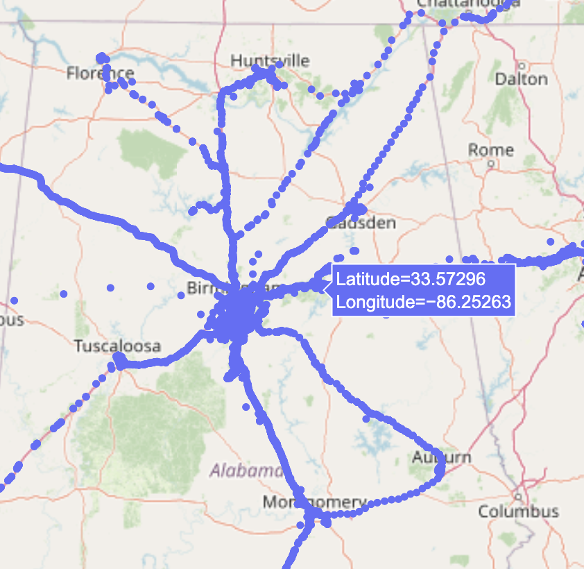 Map of Alabama covered in blue Google location dots tracing highways, with a latitude-longitude tooltip
