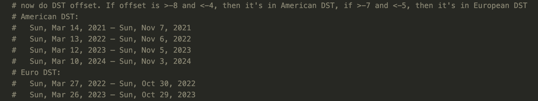 Code comments listing American and European daylight savings date ranges from 2021 to 2024