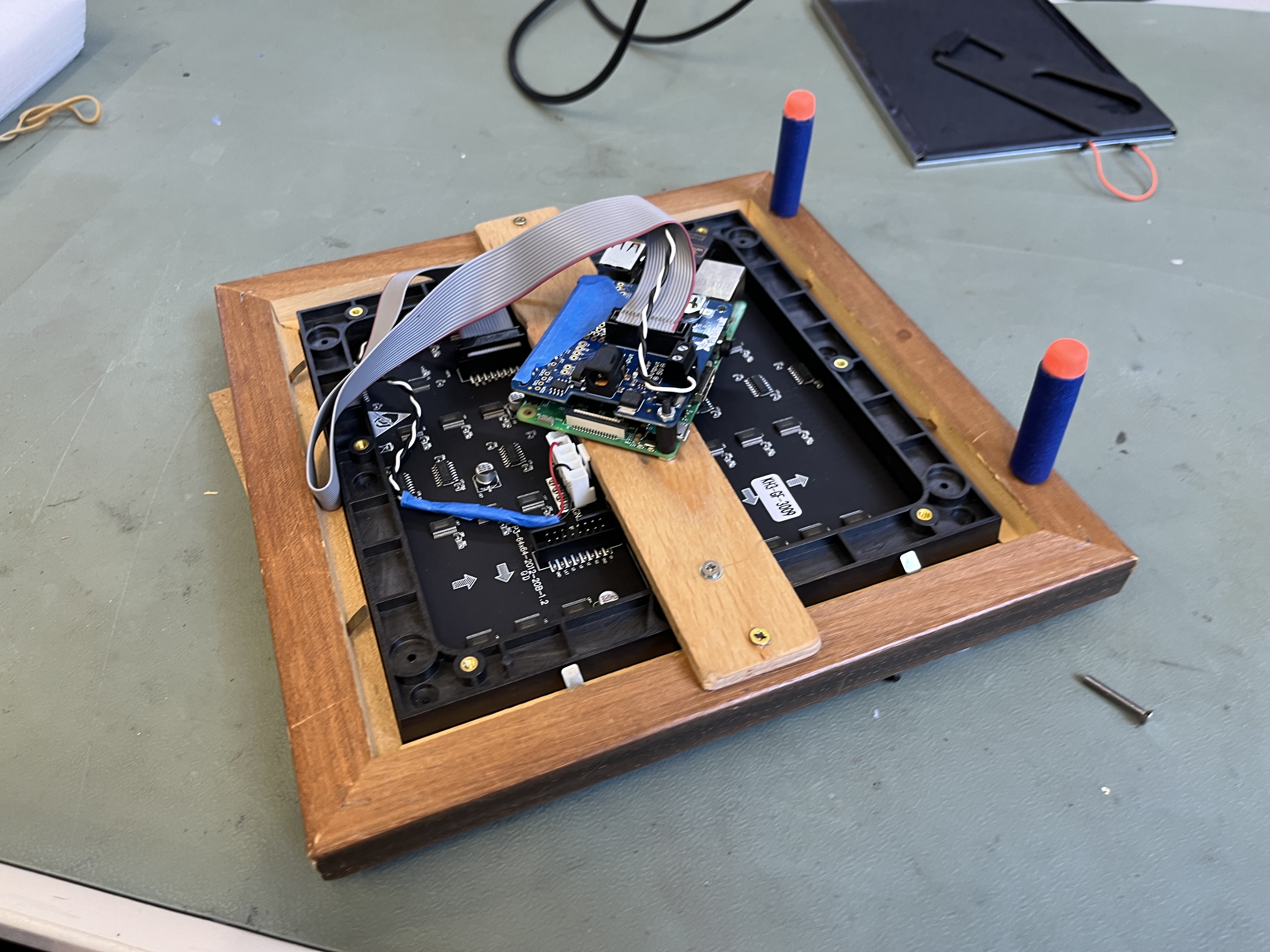 The Raspberry Pi + Hat, dongle, power supply, and RGB display