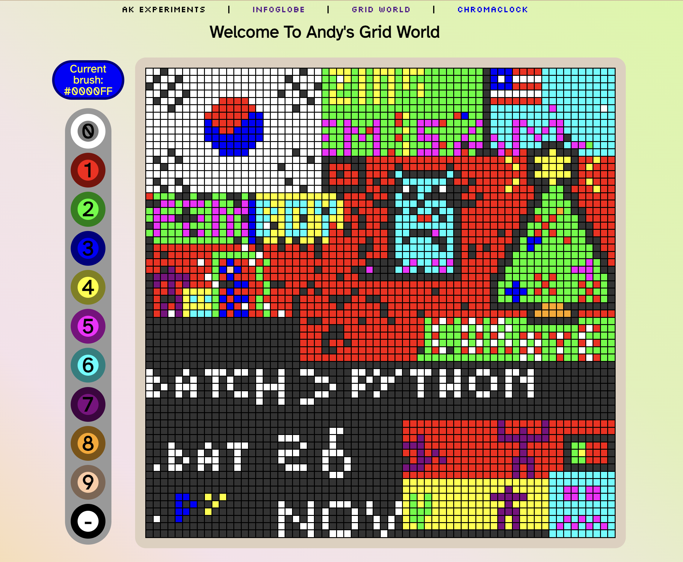 Grid World website with a color palette beside a 64x64 pixel canvas full of user drawings and messages