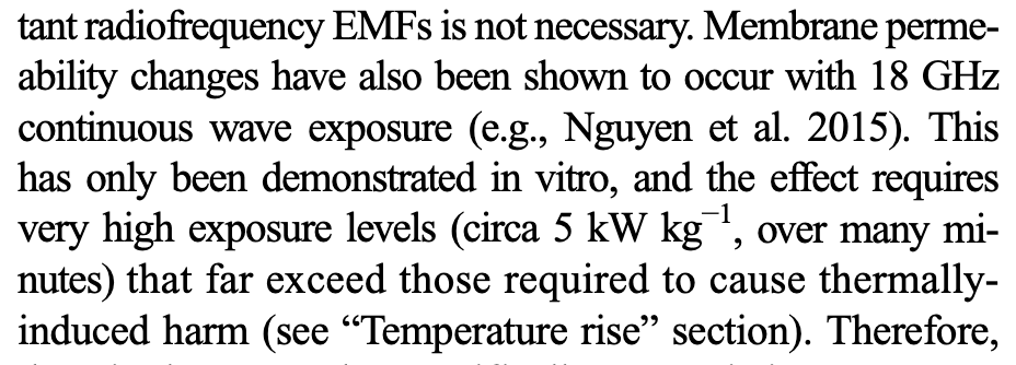 Guideline excerpt: membrane permeability changes at 18 GHz need circa 5 kW per kg, far beyond thermal harm levels