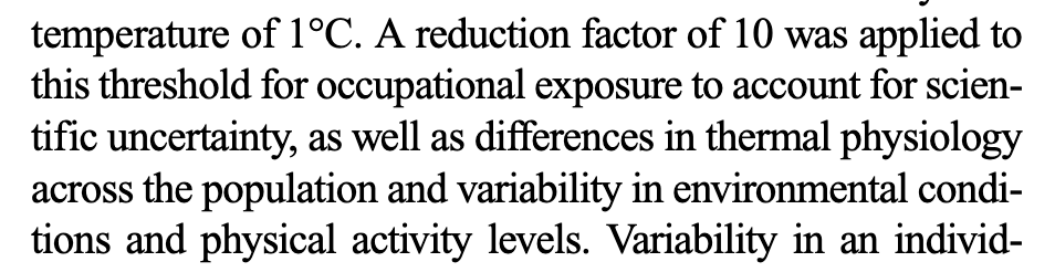 Guideline excerpt: a reduction factor of 10 was applied to the 1 degree C threshold for occupational exposure to cover uncertainty