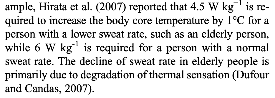 Guideline excerpt: elderly people with lower sweat rates need only 4.5 W per kg to raise core temperature 1 degree C versus 6 W per kg