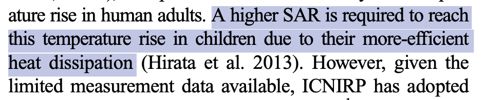 Guideline excerpt: children need a higher SAR for the same temperature rise due to more-efficient heat dissipation