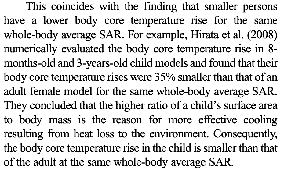 Guideline excerpt: child models showed 35% smaller core temperature rises than adults, thanks to higher surface-to-mass ratio