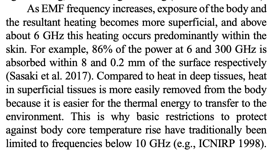 Guideline excerpt: above 6 GHz heating is superficial, with 86% of power absorbed within 8 mm of the skin surface