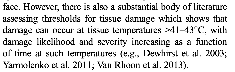 Guideline excerpt: tissue damage can occur above 41-43 degrees C, worsening with time spent at such temperatures
