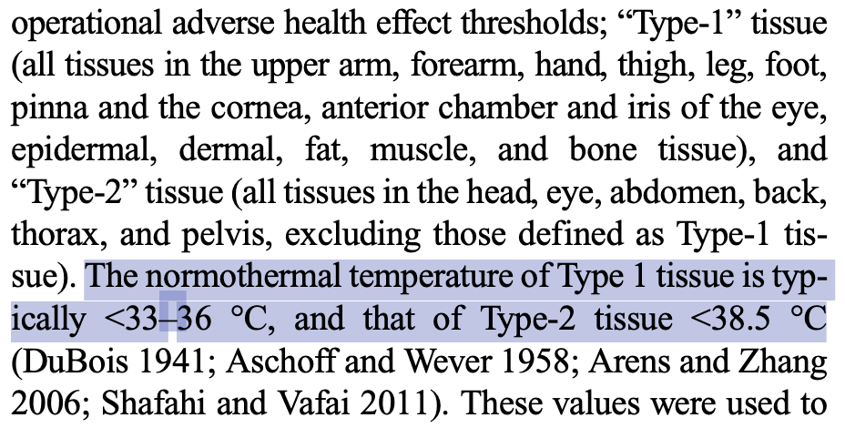Guideline excerpt defining Type-1 limb and skin tissue at under 33-36 degrees C and Type-2 core tissue at under 38.5 degrees C