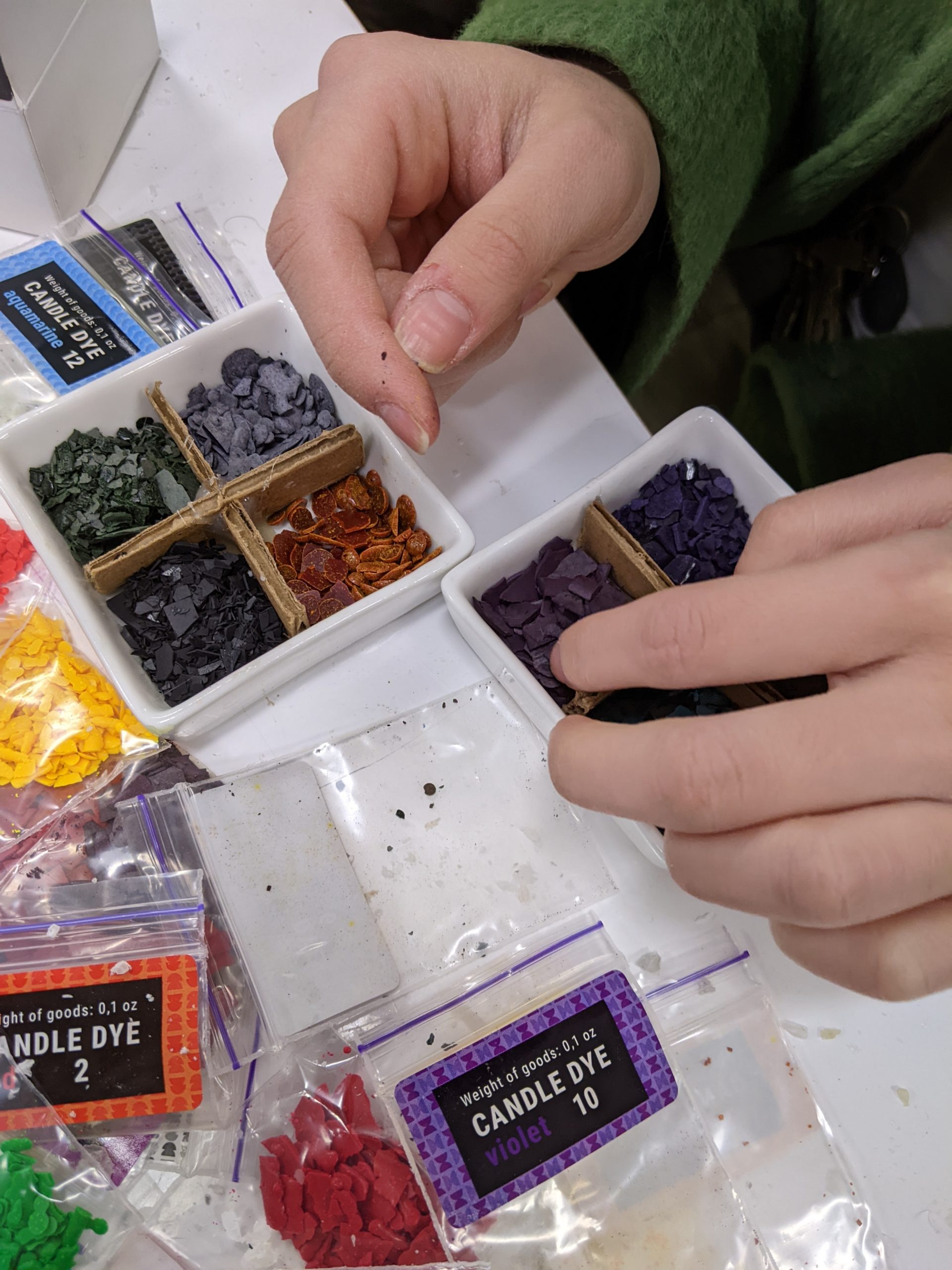 Wax dye chips for the audience to use on the candles so they weren't all just white