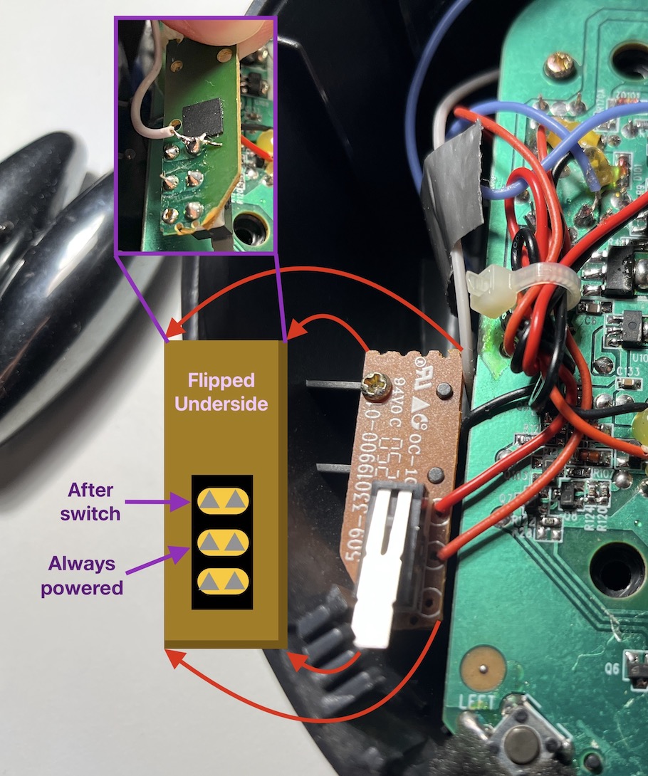 Location of the 5.6V line we'll be using. "After switch" comes on when the safety is down.