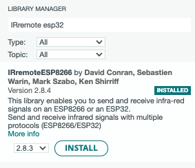 Arduino IDE Library Manager showing the IRremoteESP8266 library installed